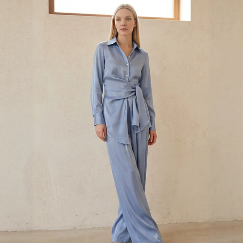 Ladies Two-Piece Silky Shirt and Palazzo Set with Wrap Waist Amarae