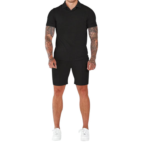 Casual short-sleeve men’s set with textured design and modern mock collar Amarae