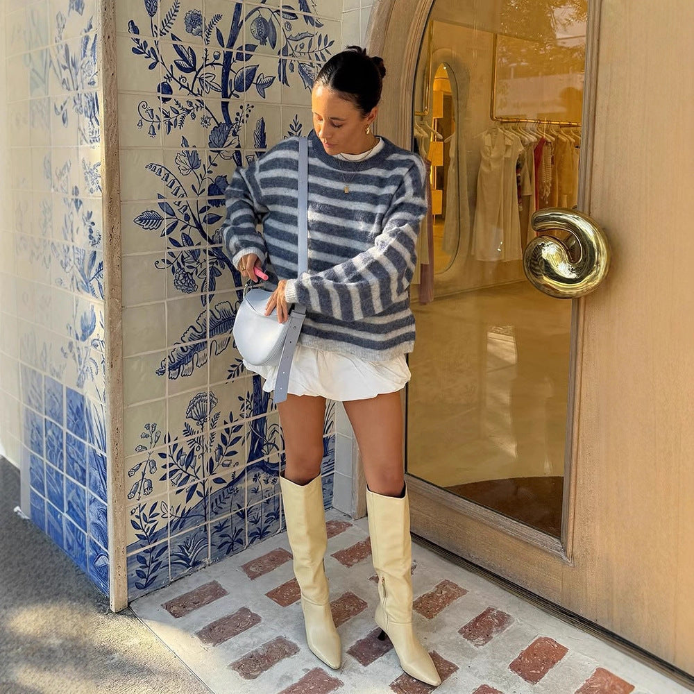 Women Striped Mohair-Mix Oversized Sweater with Balloon Sleeves Amarae