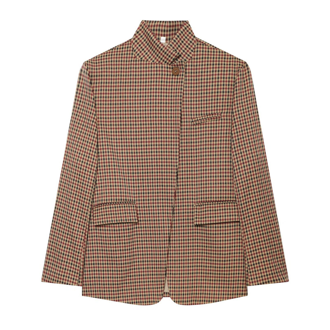 Women Checked Long Blazer with Stand Collar, Concealed Button Placket and Flap Pockets Amarae