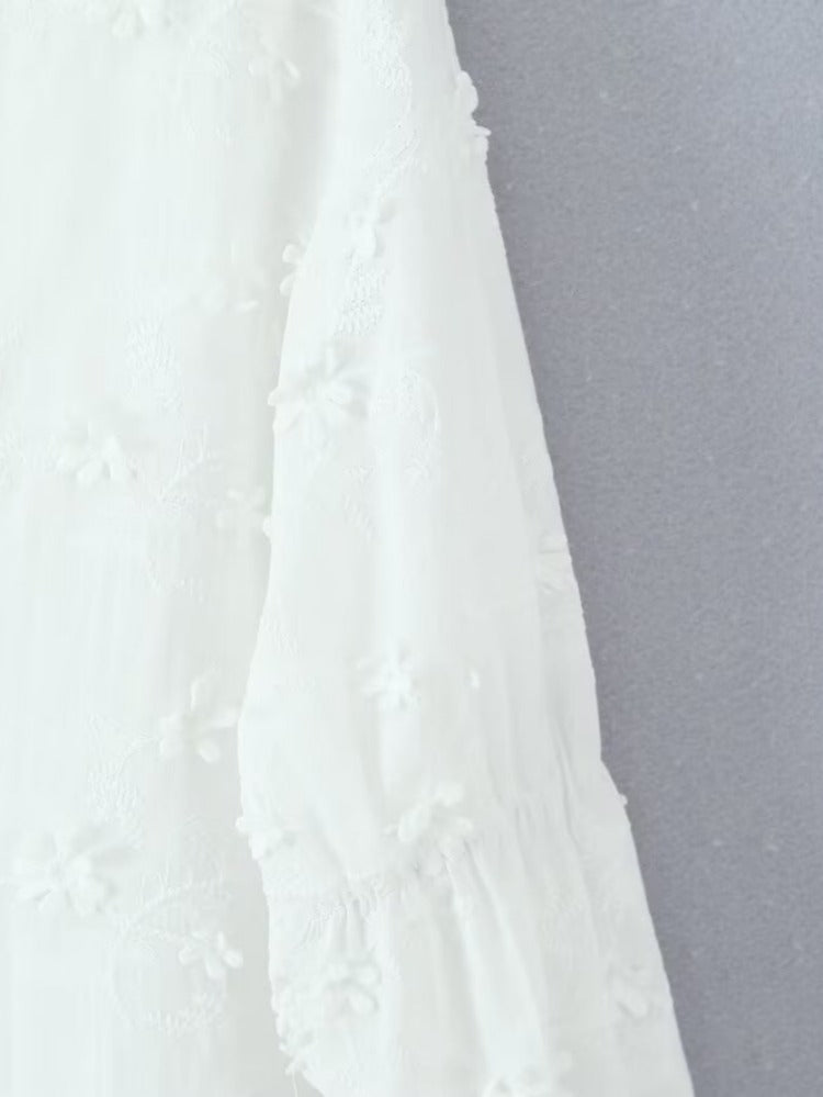 Airy tunic dress for women with floral embroidery and lace hem Lune London
