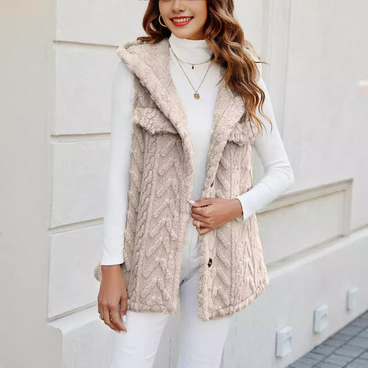 Lune London long knitted cardigan for women with hood and applied pockets