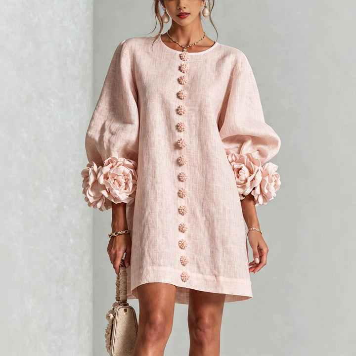 Ladies linen dress in A-line cut with balloon sleeves and 3D flower decoration Amarae