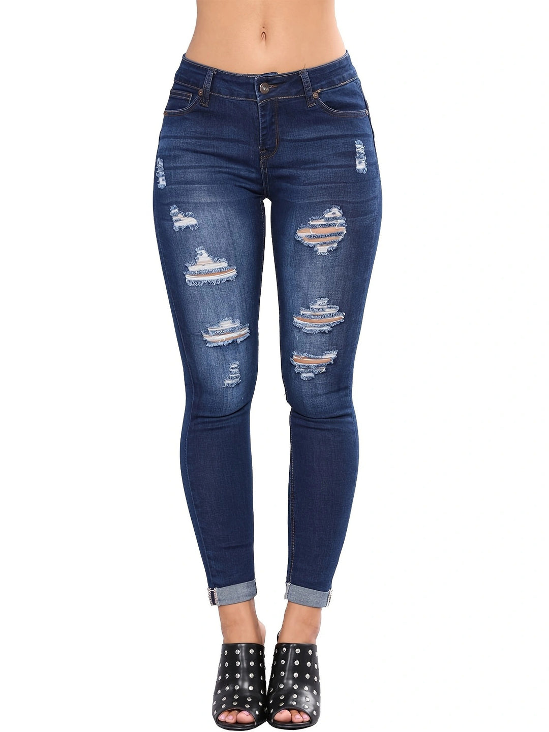 Women’s High-Waisted Superstretch Skinny Jeans with Strategic Rips and Cuff Hem Amarae