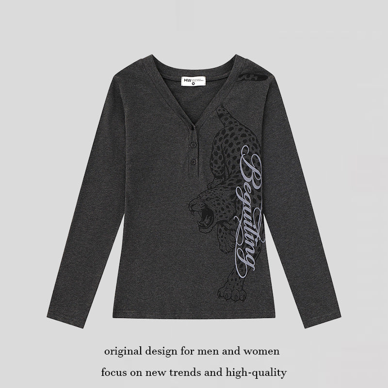 Women's Long Sleeve Henley Shirt with V-Neck and Large Panther Print Amarae