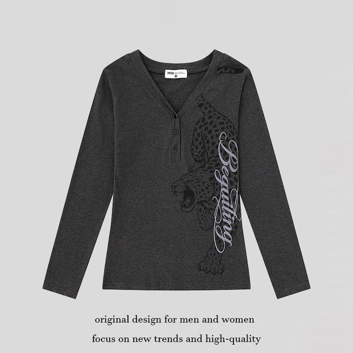 Women's Long Sleeve Henley Shirt with V-Neck and Large Panther Print Amarae