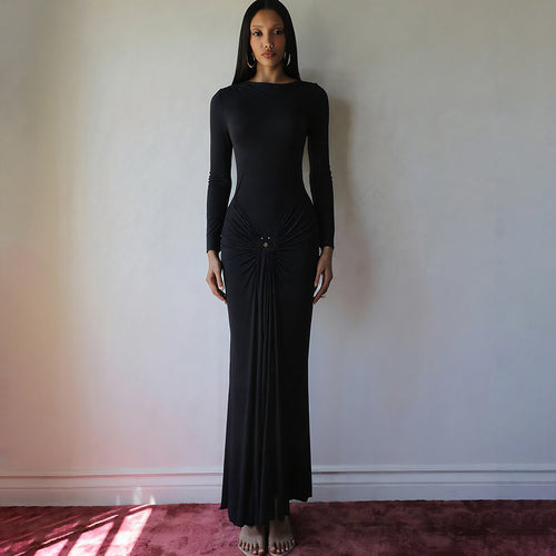 Ladies Elegant Maxi Dress with Draped Details and Chic Long Sleeve