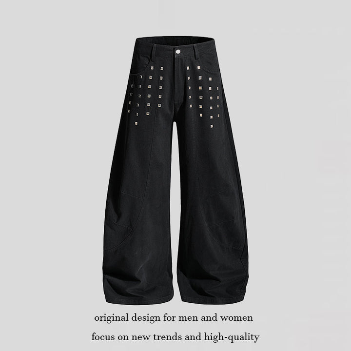 Women Wide Culotte Cargo Pants with High Waist and Metal Rivets, Low Crotch and Patch Pockets Amarae