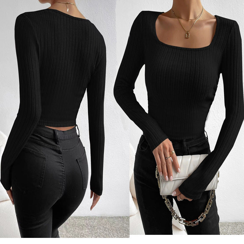 Ladies Long Sleeve Top with Ribbed Design and Rectangle Neckline Amarae