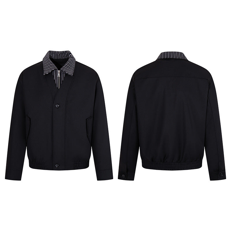 Men's short-cut blouson jacket with striped inner collar, concealed two-way zipper, and elastic hem Amarae