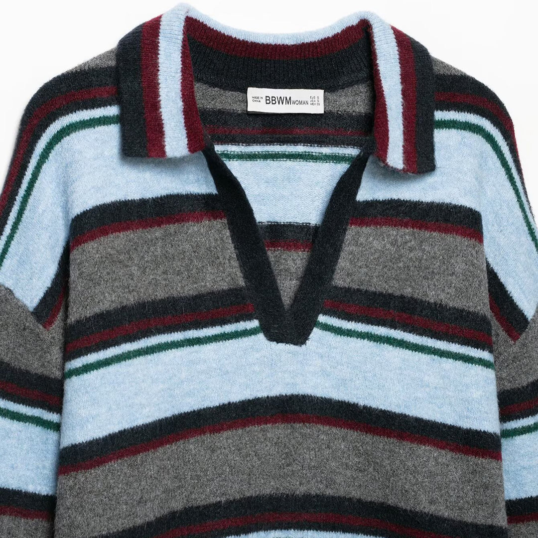Women's Oversize Striped Sweater with Polo Collar and Deep V-Neck Amarae