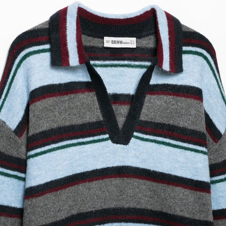Women's Oversize Striped Sweater with Polo Collar and Deep V-Neck Amarae