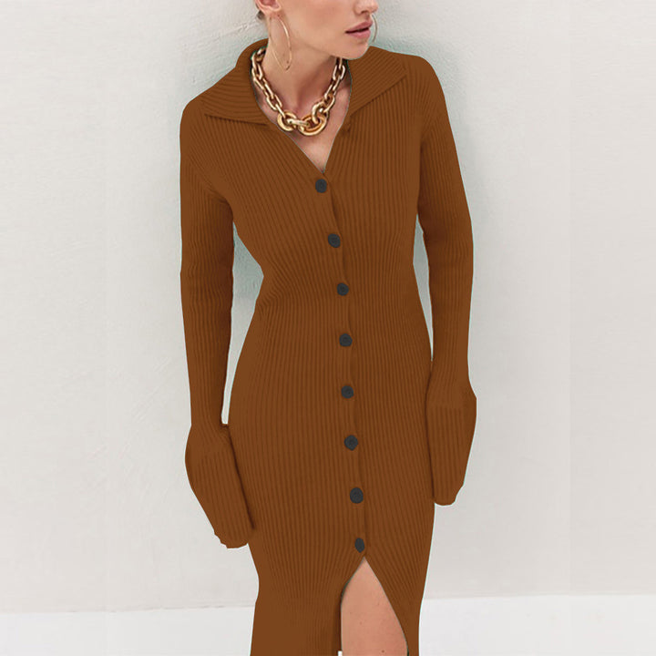 Ribbed knit dress for women with button and side bar Lune London