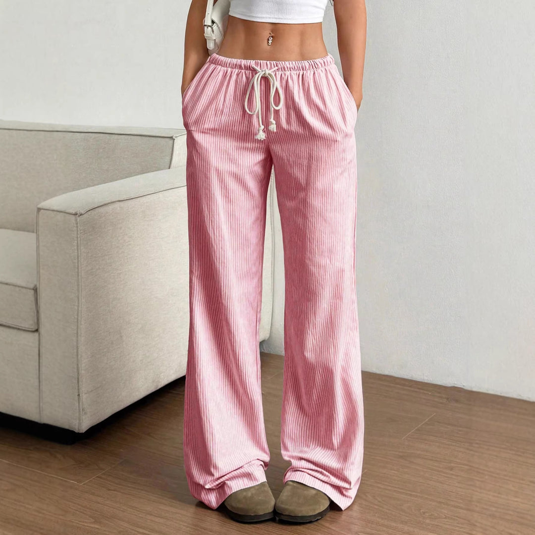 Ladies Wide Leisure Pants with Drawstring, Elastic Waistband and Fine Stripe Texture Amarae