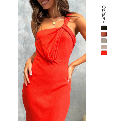 Women's Elegant Long Dress with Asymmetric Strap and Stylish Draping Detail Amarae