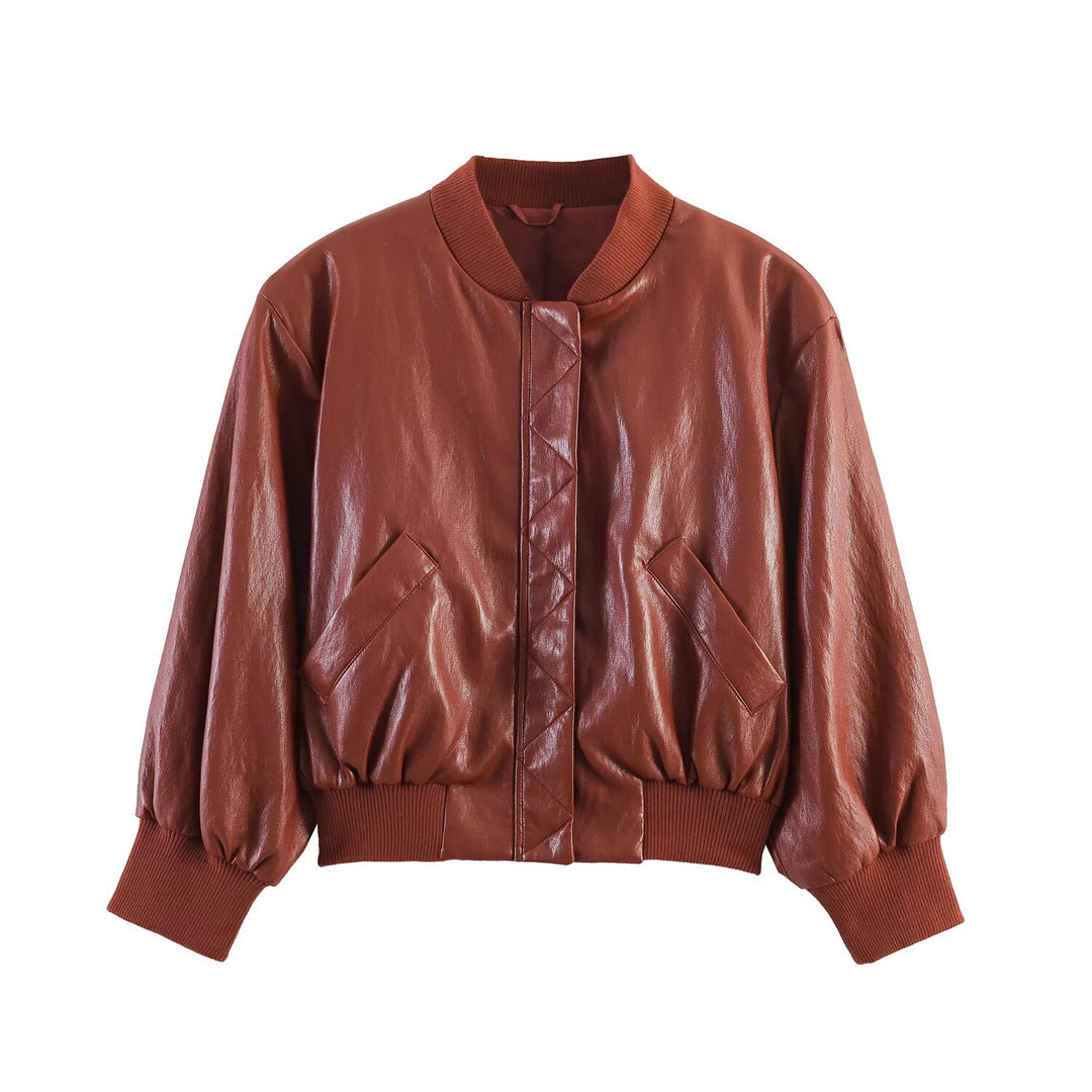 Women's Shiny Faux Leather Bomber Jacket with Ribbed Collar, Concealed Snap Button Placket and Kangaroo Pockets Amarae