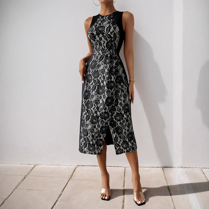 Elegant Midi Dress with Lace Detail and Chic Side Split