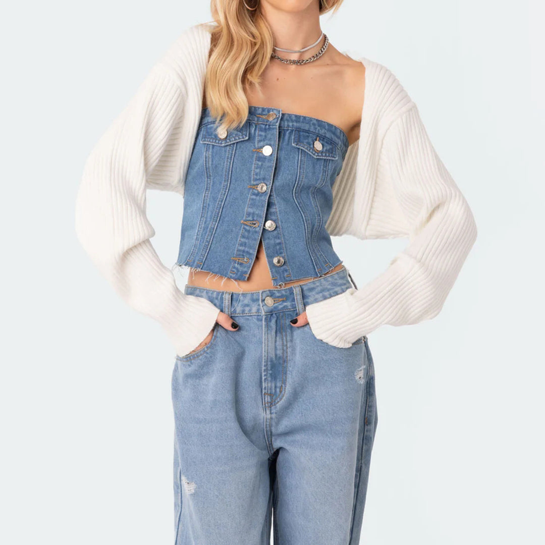 Women's Denim Crop Top with Knitted Overlay Lune London