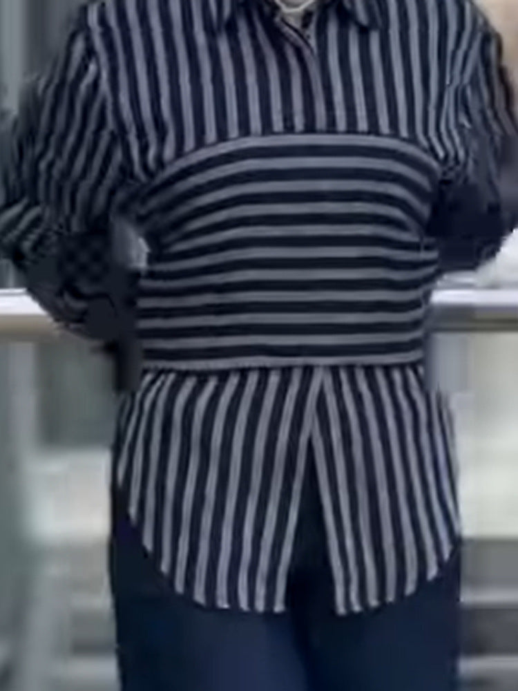 Women Striped Shirt Blouse with Waist Belt, Longer Hem and Side Slit Amarae
