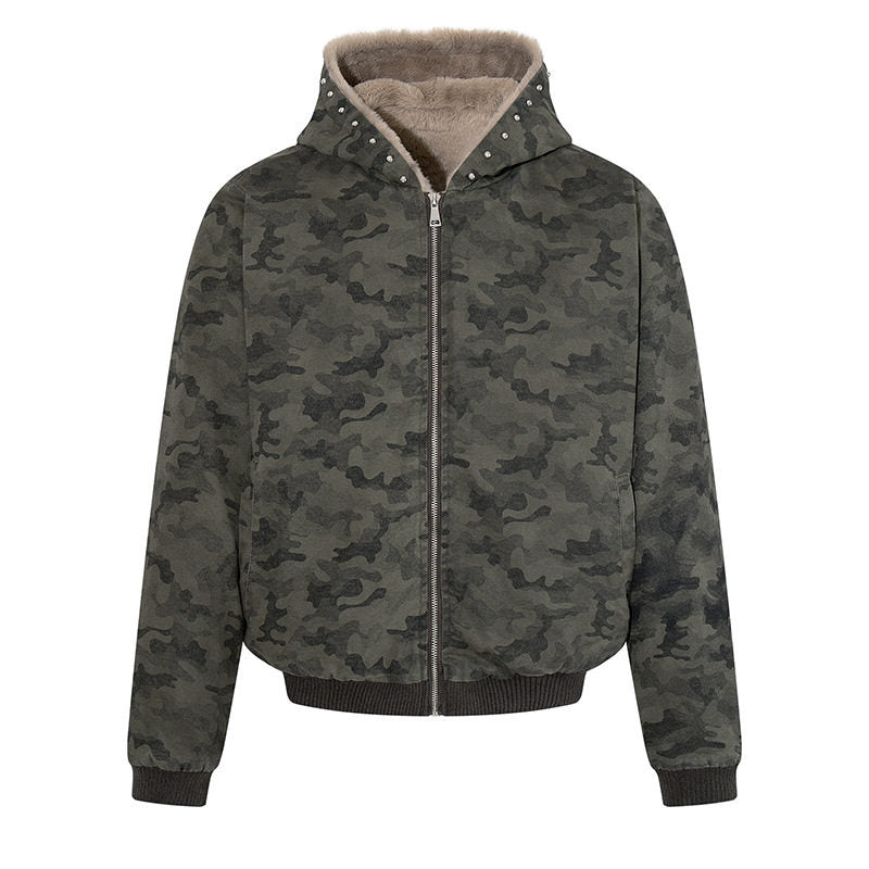 Women's padded camouflage bomber jacket with teddy lining, hood, and ribbed cuffs Amarae