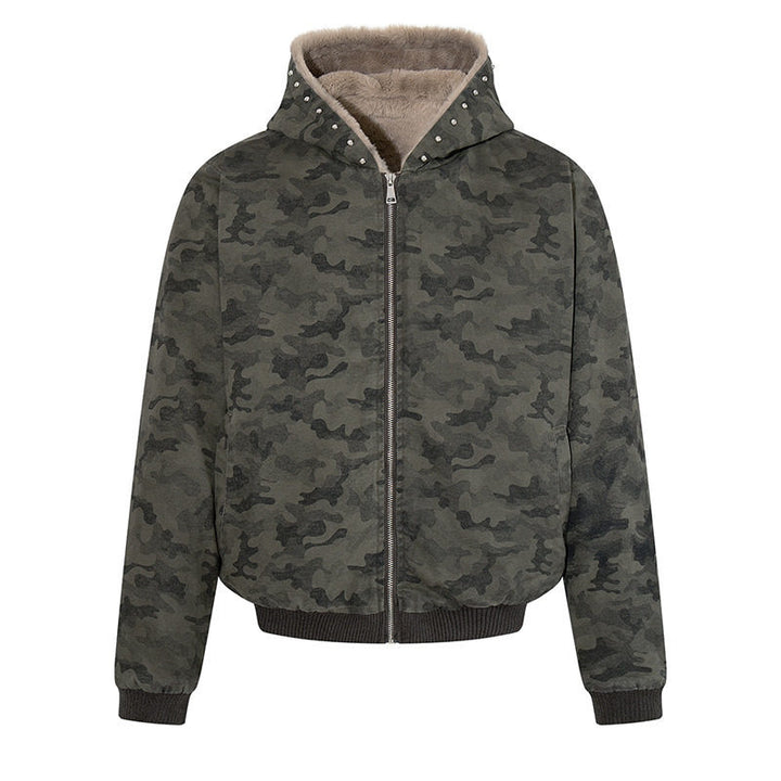 Women's padded camouflage bomber jacket with teddy lining, hood, and ribbed cuffs Amarae
