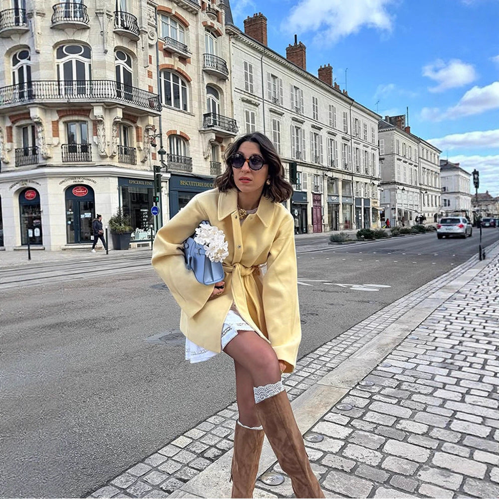 Women's short coat with tie belt, boxy oversized silhouette and wide sleeves Amarae
