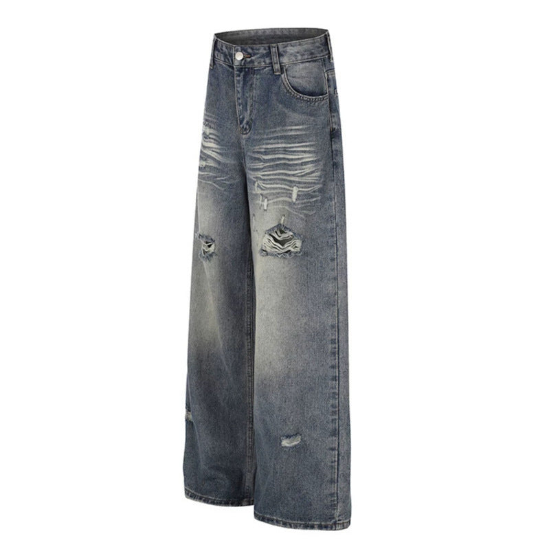 Women's Wide Destroyed Denim Culotte Jeans with High Waist and Used Effect