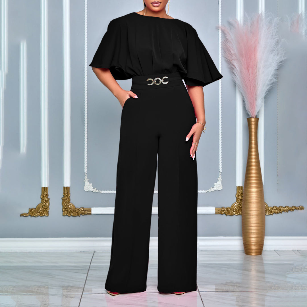Ladies Elegant Jumpsuit with Flared Leg and Chic Decorative Belt and Style