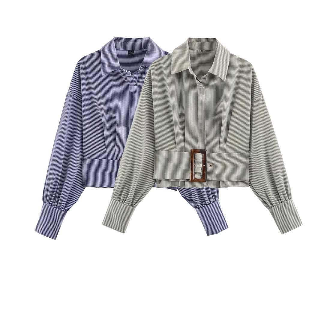 Women Cropped Shirt Blouse with Wide Waistband and Oversized Sleeves Amarae