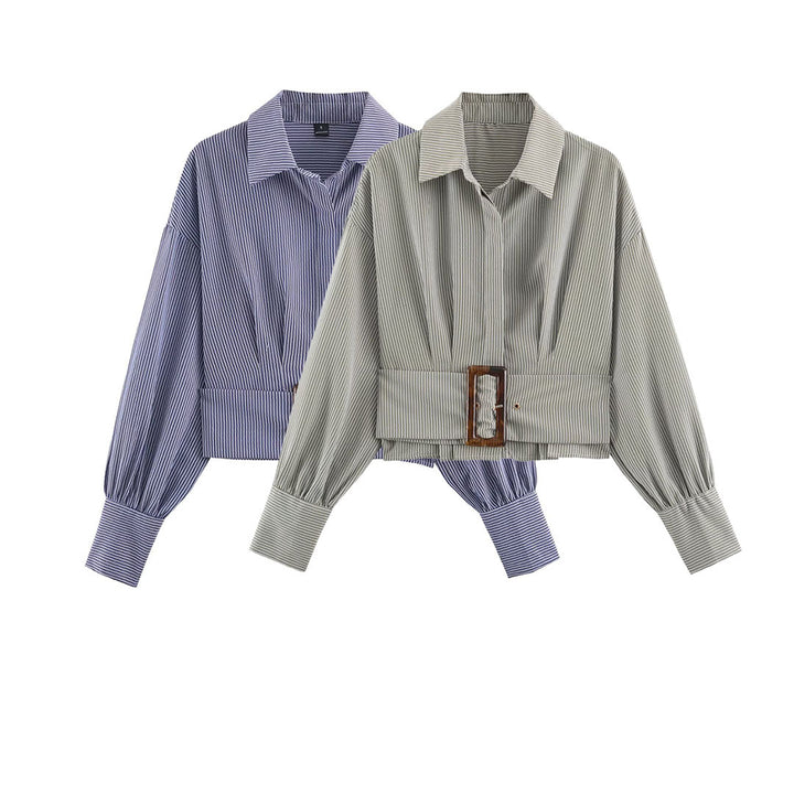 Women Cropped Shirt Blouse with Wide Waistband and Oversized Sleeves Amarae