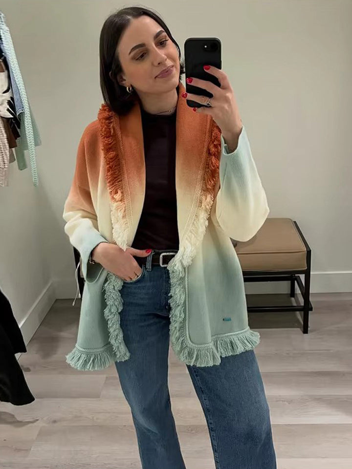 Women's Gradient Knit Cardigan with Fringes and Shawl Collar Amarae