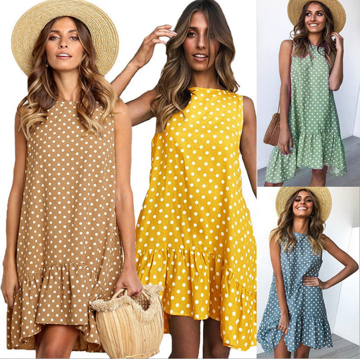 Summer polka dot shift dress for women with ruffle hem Lune London