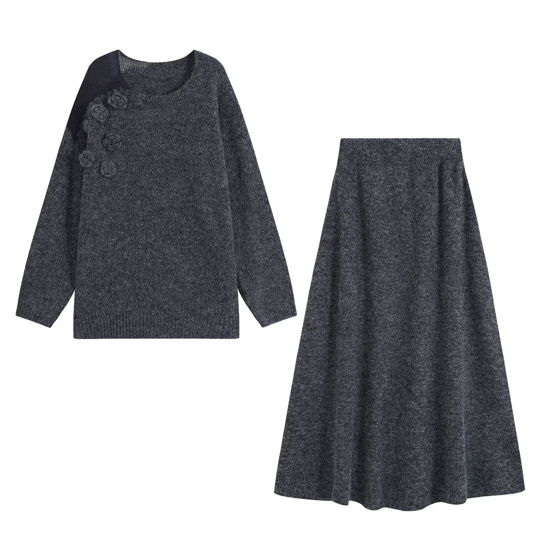 Women's knit set with cozy sweater featuring 3D flower appliqué and A-line skirt Amarae