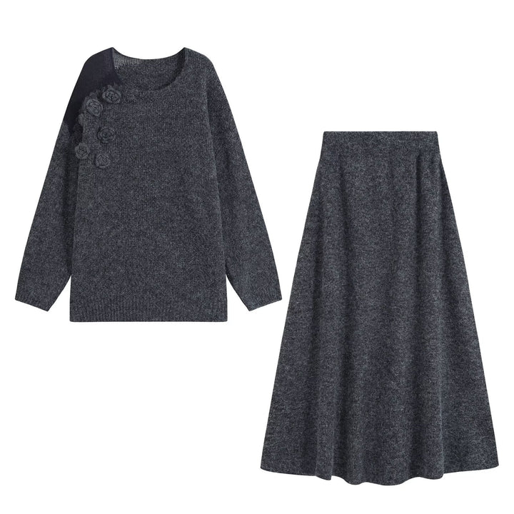 Women's knit set with cozy sweater featuring 3D flower appliqué and A-line skirt Amarae