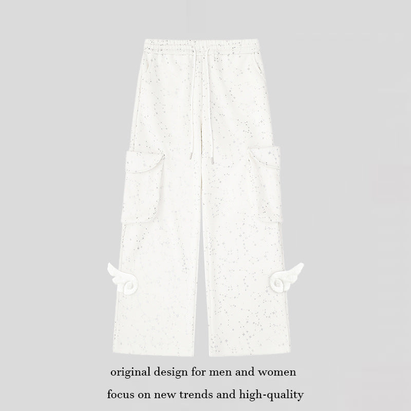 Women's Extra Wide Cargo Palazzo Sweatpants with Drawstring Waistband and Decorative Wing Appliqués Amarae