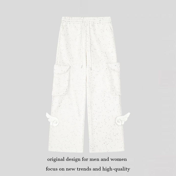 Women's Extra Wide Cargo Palazzo Sweatpants with Drawstring Waistband and Decorative Wing Appliqués Amarae