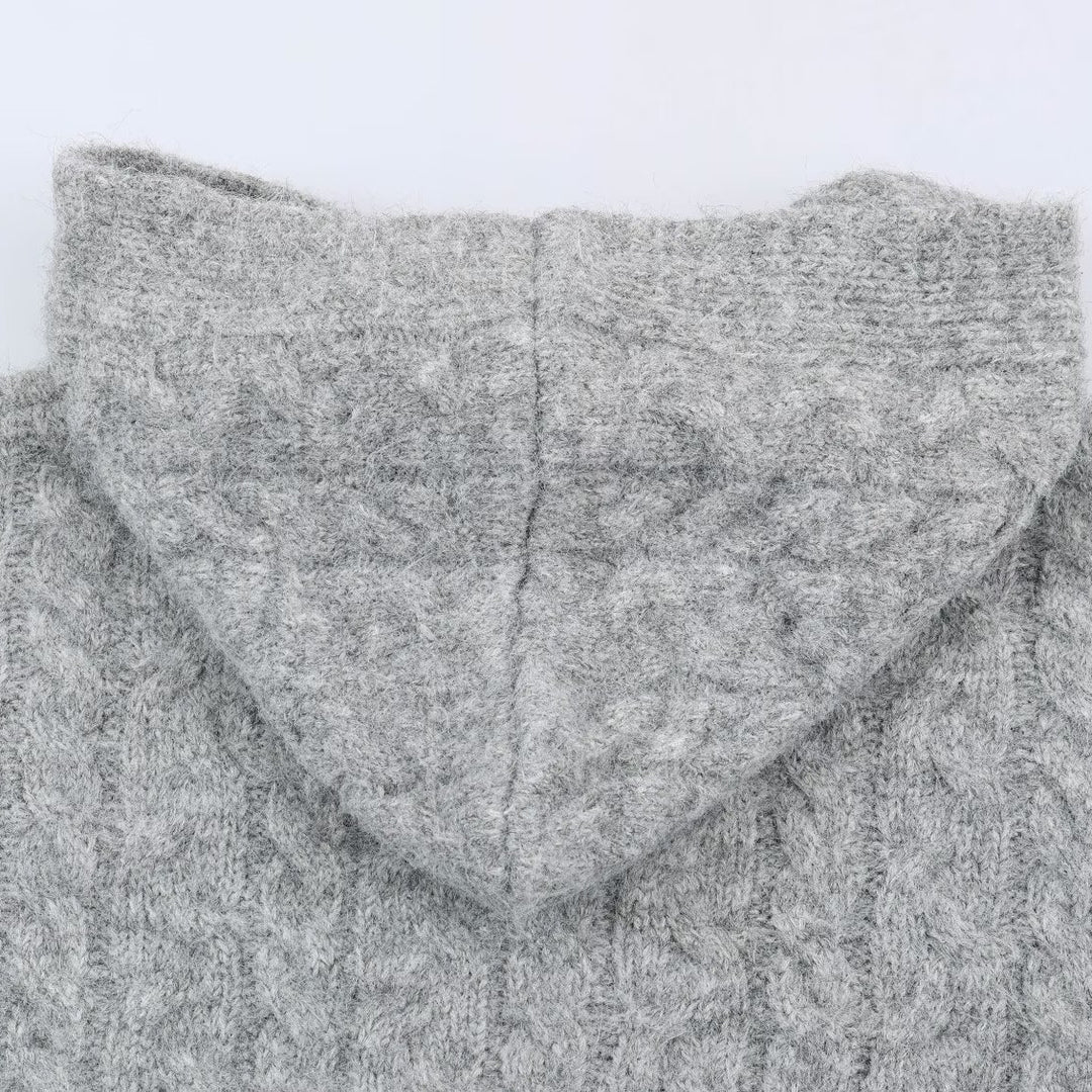 Women's Long Knitted Hooded Cardigan with Cable Pattern and Button Placket Amarae