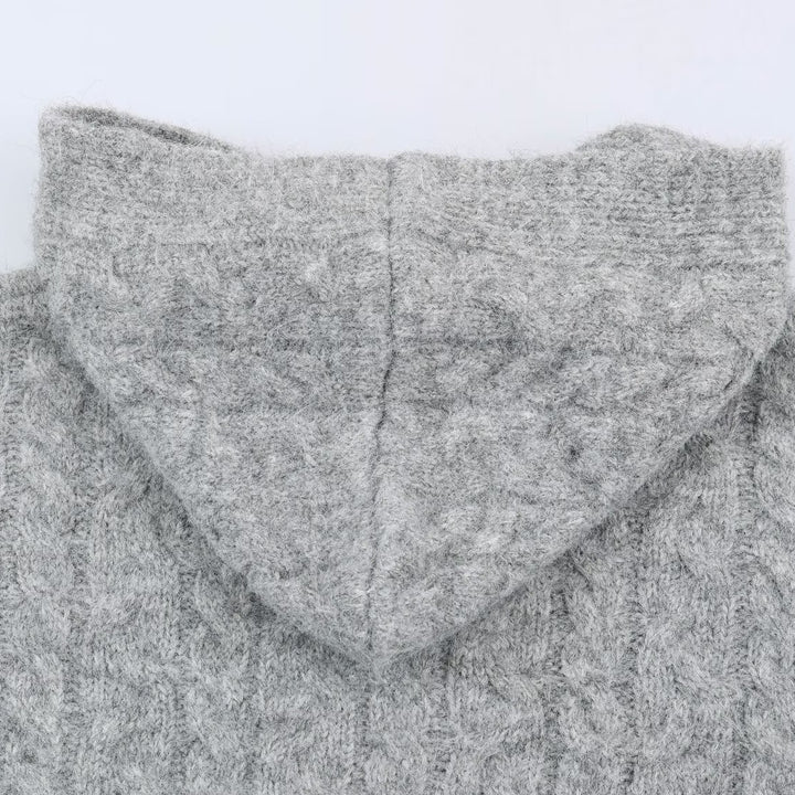 Women's Long Knitted Hooded Cardigan with Cable Pattern and Button Placket Amarae