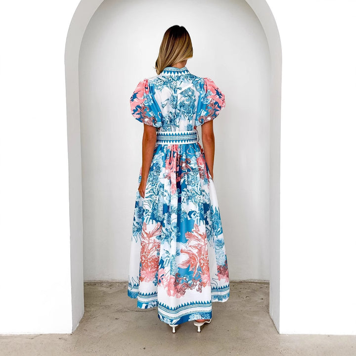 Women's maxi dress with voluminous puff sleeves and delicate floral pattern Lune London