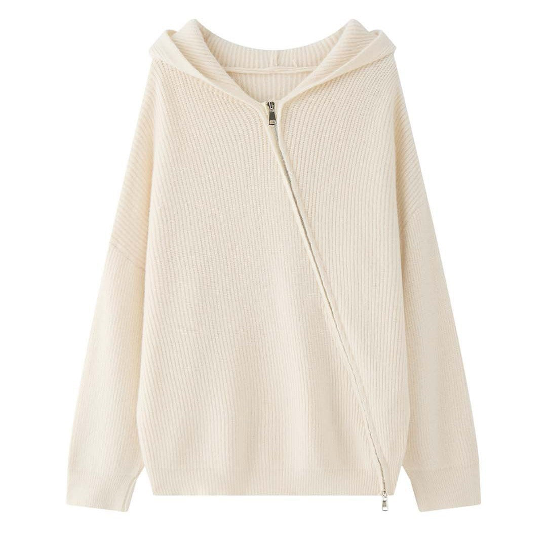 Women's Cozy Zip Hoodie Cardigan in Ribbed Knit Mix with Balloon Sleeves Amarae