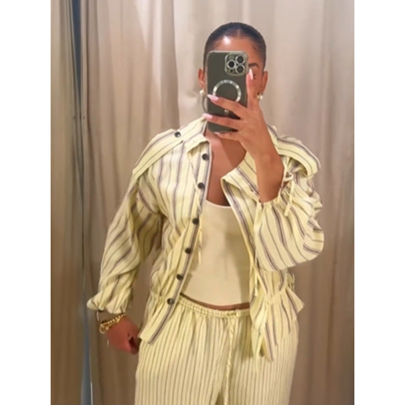 Women Striped Two-Piece Loungewear Set with Oversized Shirt Jacket and Drawstring Pants Amarae