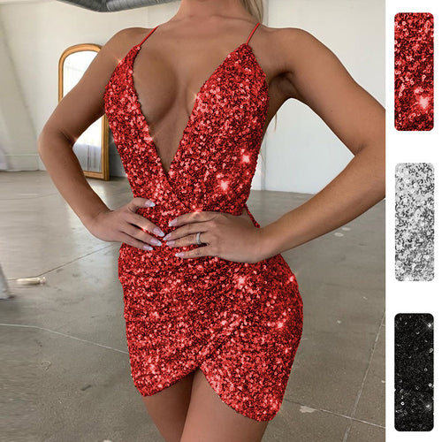 Robe de soirée pour femmes avec décolleté en V profond et garniture de sequins glamour Chic & Stil