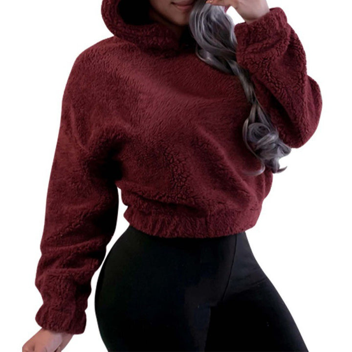 Women's Short Hooded Sherpa Pullover with Kangaroo Pocket and Elastic Hem Amarae