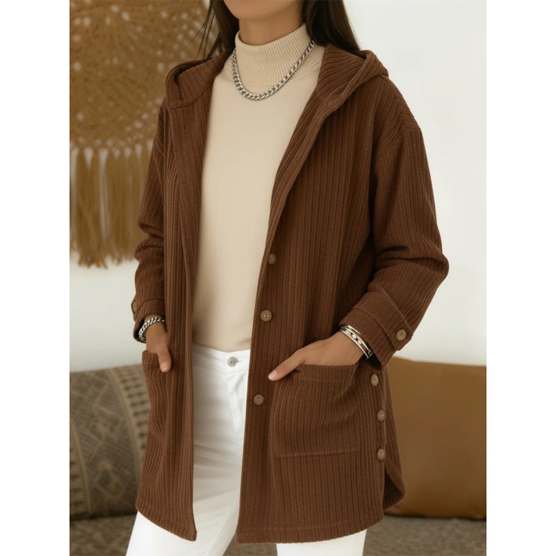 Women's Long Hooded Knitted Cardigan with Ribbed Texture, Button Placket and Side Pockets Amarae