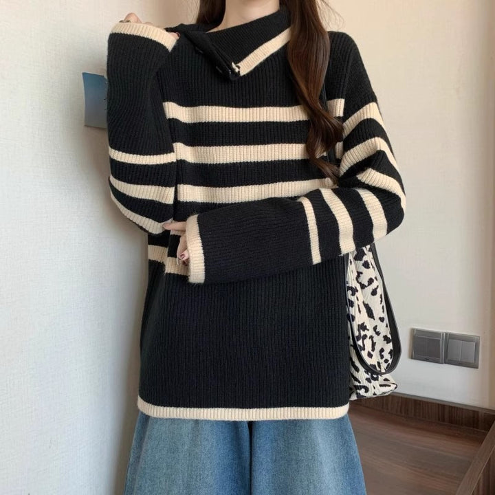 Pull à rayures pour femmes avec col moderne et détails de boutons Chic & Stil