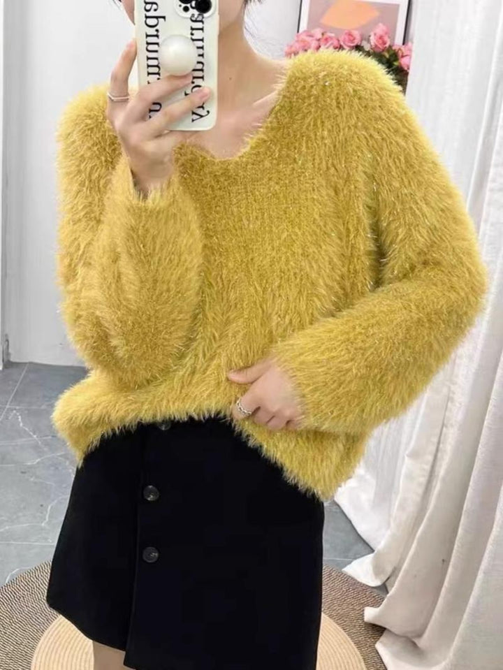Pull V-neck pour femmes en tricot douillet avec fil à paillettes Chic & Stil