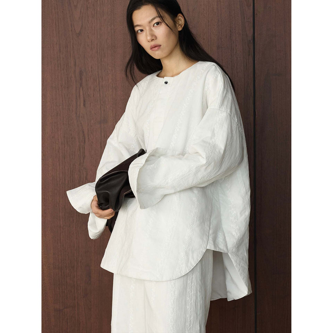 Women Oversized Structured Long Blouse with Round Neck and Extended Hem Amarae