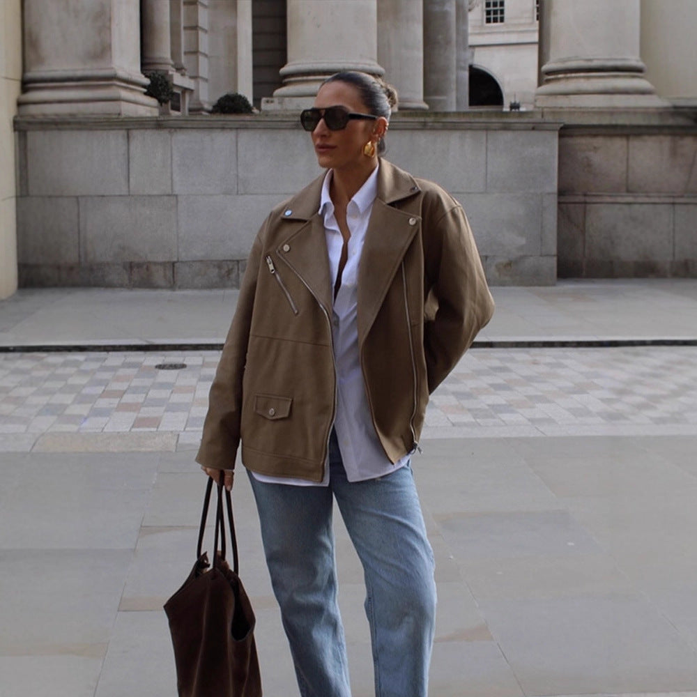 Women Oversize Biker Jacket made of suede imitation with asymmetric zipper Amarae