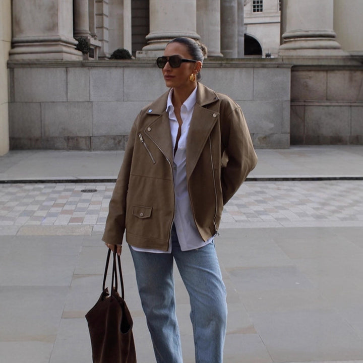 Women Oversize Biker Jacket made of suede imitation with asymmetric zipper Amarae