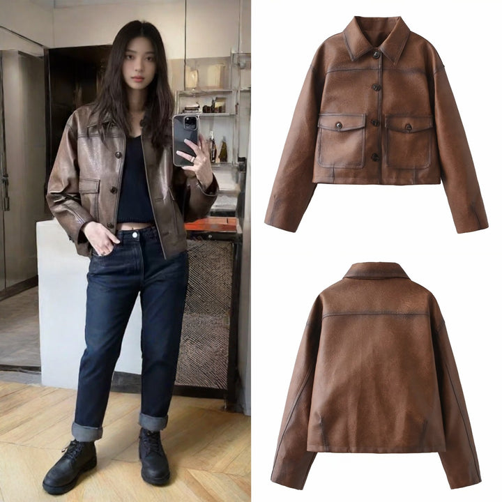 Faux leather jacket for women in a modern short design with practical pockets Lune London
